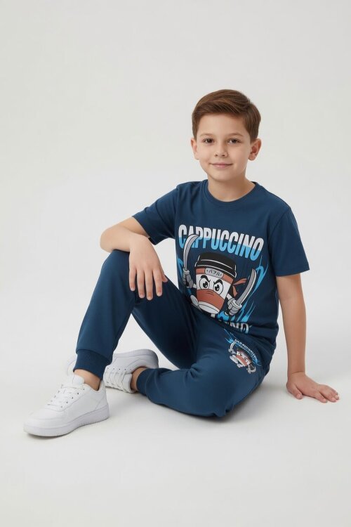 Mavi Karakter Baskılı Bisiklet Yaka Tişörtlü Erkek Çocuk Eşofmanlı Takım 23847