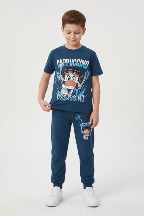 Mavi Karakter Baskılı Bisiklet Yaka Tişörtlü Erkek Çocuk Eşofmanlı Takım 23847