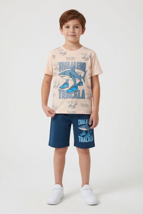 Mavi KöpekBalığı Baskılı Bisiklet Yaka Erkek Çocuk Şortlu Takım 23838