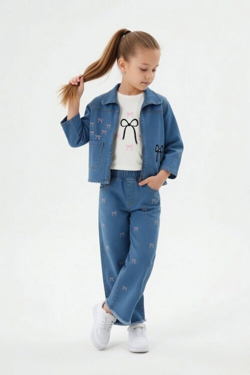Mavi Nakışlı Fermuarlı Jean Ceketli Pantolonlu Kız Çocuk 3lü Takım 24141