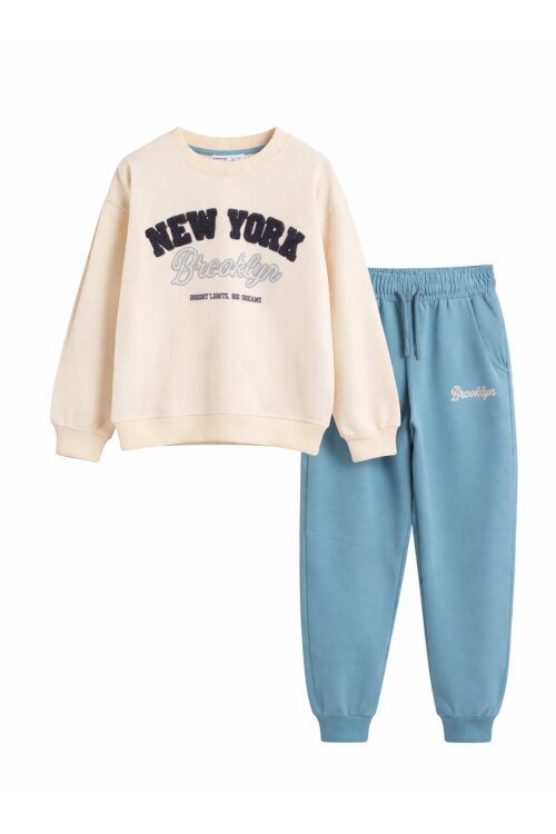 Mavi New York Yazılı Erkek Çocuk Bisiklet Yaka Eşofman Takımı 23394