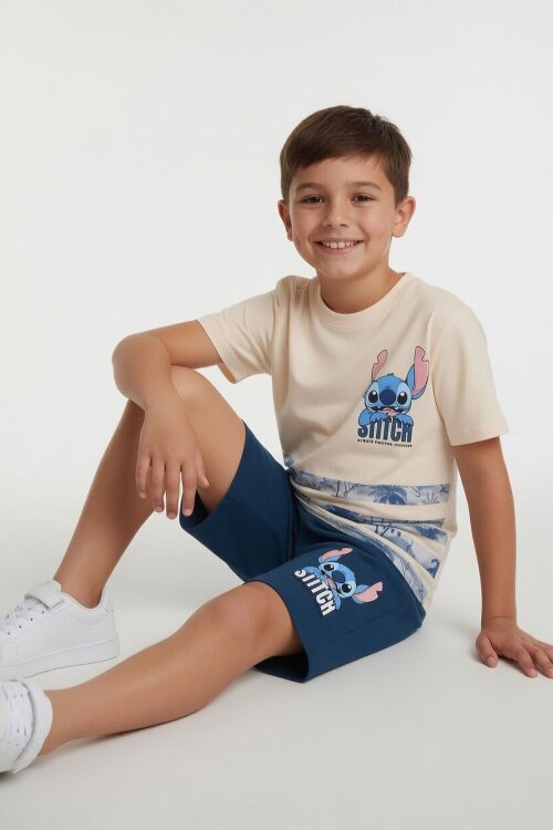 Mavi Palmiye Desenli Çizgili Tişörtlü Erkek Çocuk Şortlu 2li Takım 23931