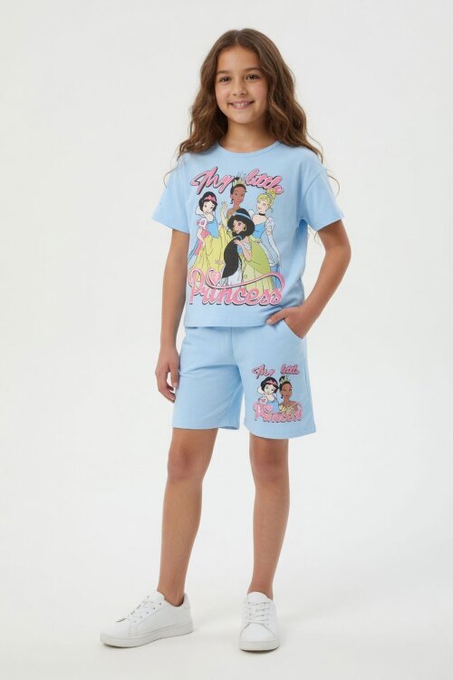 Mavi Prenses Temalı Tişörtlü Kız Çocuk Yazlık Şortlu Takım 23864