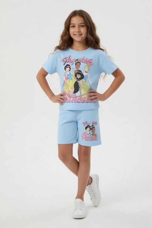 Mavi Prenses Temalı Tişörtlü Kız Çocuk Yazlık Şortlu Takım 23864