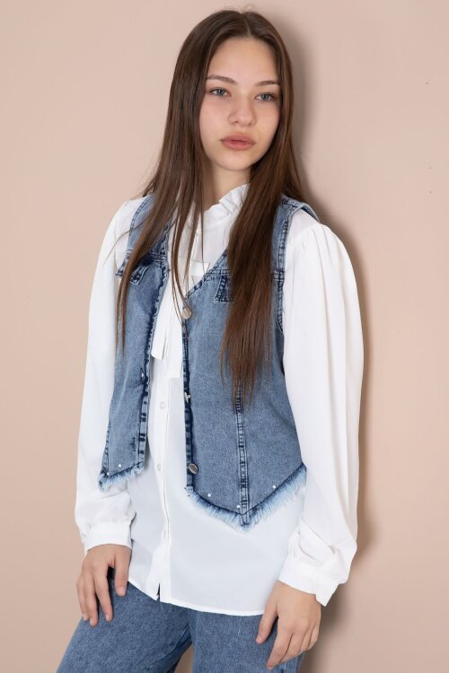 Mavi Püsküllü Jean Yelekli Fularlı Gömlekli Kız Çocuk 3lü Pantolonlu Takım 23767