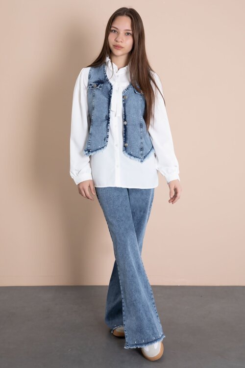 Mavi Püsküllü Jean Yelekli Fularlı Gömlekli Kız Çocuk 3lü Pantolonlu Takım 23767