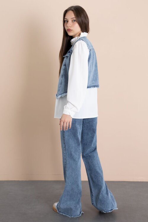 Mavi Püsküllü Jean Yelekli Fularlı Gömlekli Kız Çocuk 3lü Pantolonlu Takım 23767