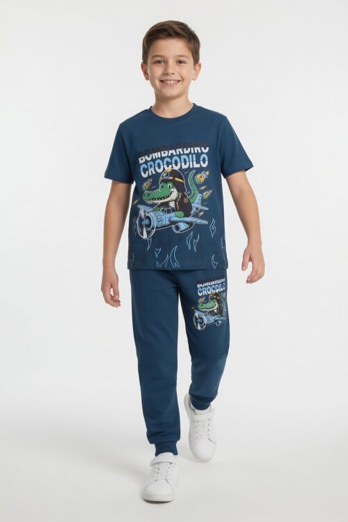 Mavi Timsah Baskılı Eşofmanlı Erkek Çocuk Tişörtlü 2li Takım  23915