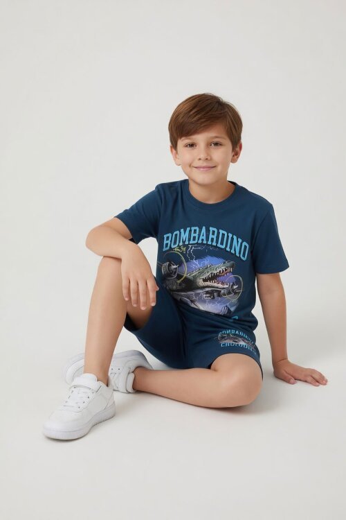 Mavi Uçak Baskılı Yazılı Tişörtlü Erkek Çocuk Şortlu 2li Takım 23922