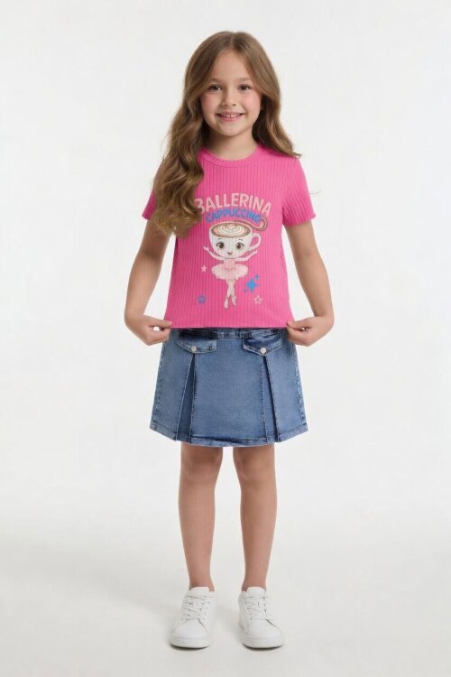 Pembe Balerin Desenli Badili Jean Etekli Kız Çocuk 2li Takım 24563