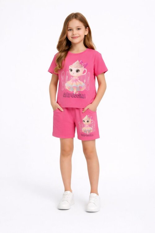 Pembe Balerin Desenli Tişörtlü Kız Çocuk Şortlu 2li Takım 23878