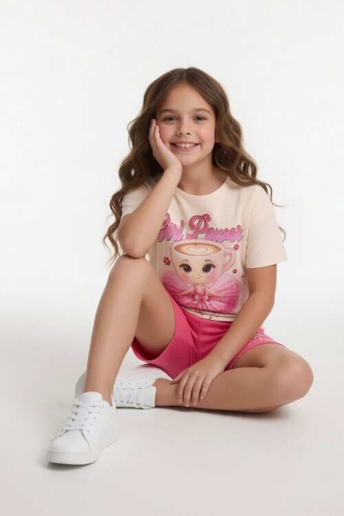 Pembe Balerin Desenli Tişörtlü Kız Çocuk Şortlu 2li Takım 23878
