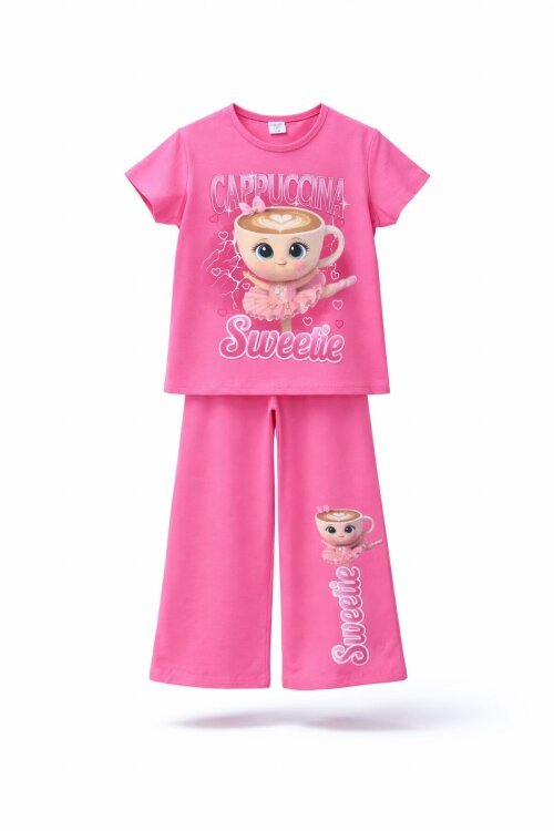 Pembe Ballerin Baskılı Geniş Paça Taytlı Kız Çocuk 2li Takım  23798