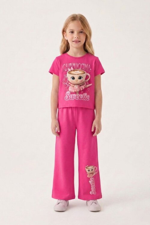 Pembe Ballerin Baskılı Geniş Paça Taytlı Kız Çocuk 2li Takım  23798
