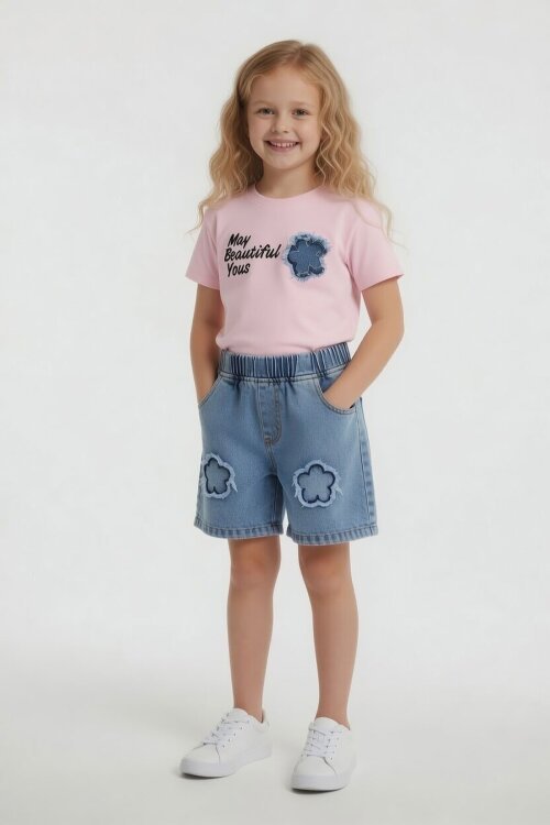 Pembe Beautiful Yazılı Nakışlı Jean Şortlu Kız Çocuk 2li Takım 24059