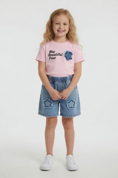 Pembe Beautiful Yazılı Nakışlı Jean Şortlu Kız Çocuk 2li Takım 24059