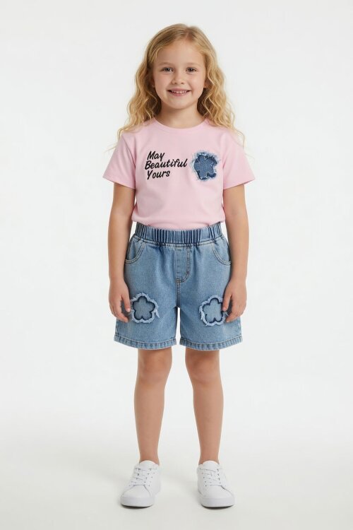 Pembe Beautiful Yazılı Nakışlı Jean Şortlu Kız Çocuk 2li Takım 24059