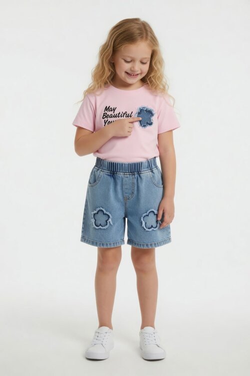 Pembe Beautiful Yazılı Nakışlı Jean Şortlu Kız Çocuk 2li Takım 24059