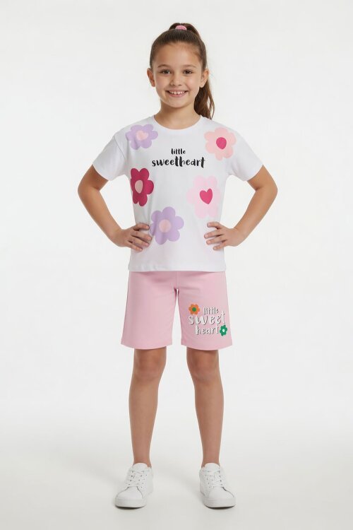 Pembe Çiçek Desenli Tişörtlü Kız Çocuk Şortlu 2 Takım 23848