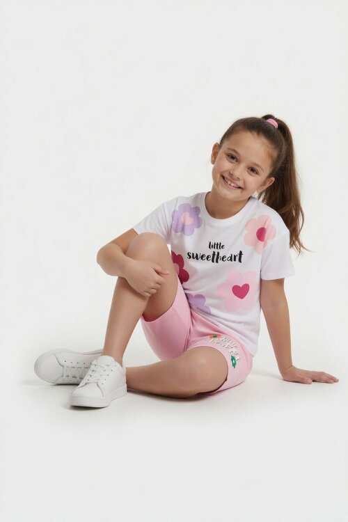 Pembe Çiçek Desenli Tişörtlü Kız Çocuk Şortlu 2 Takım 23848