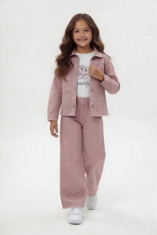 Pembe Çiçek Nakışlı Ceketli Geniş Paça Pantolonlu Kız Çocuk 3lü Takım 24115