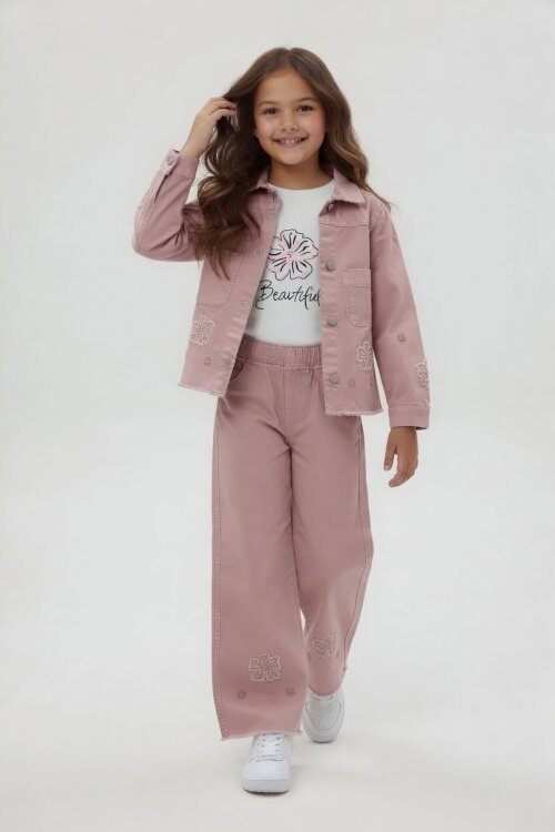 Pembe Çiçek Nakışlı Ceketli Geniş Paça Pantolonlu Kız Çocuk 3lü Takım 24115