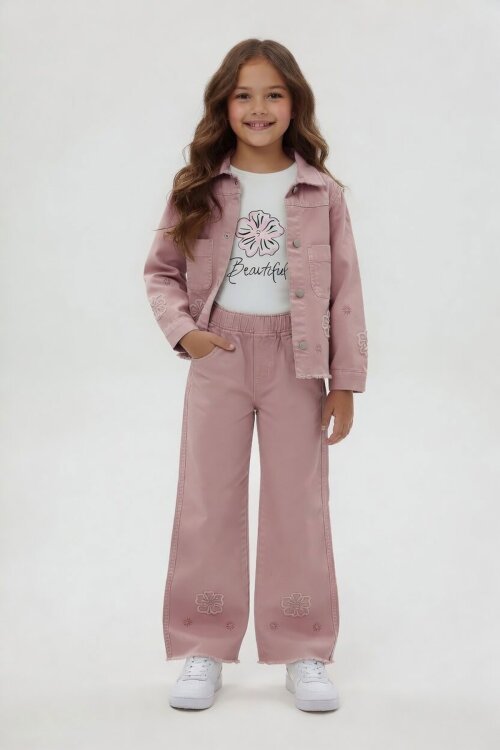 Pembe Çiçek Nakışlı Ceketli Geniş Paça Pantolonlu Kız Çocuk 3lü Takım 24115