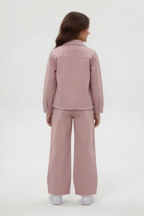 Pembe Çiçek Nakışlı Ceketli Geniş Paça Pantolonlu Kız Çocuk 3lü Takım 24115