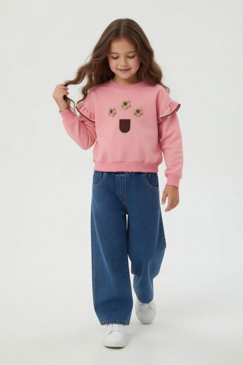 Pembe Çiçek Nakışlı Fırfırlı Badili Jean Pantolonlu Kız Çocuk Takım 24555