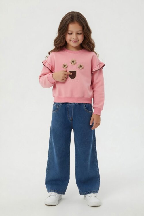 Pembe Çiçek Nakışlı Fırfırlı Badili Jean Pantolonlu Kız Çocuk Takım 24555