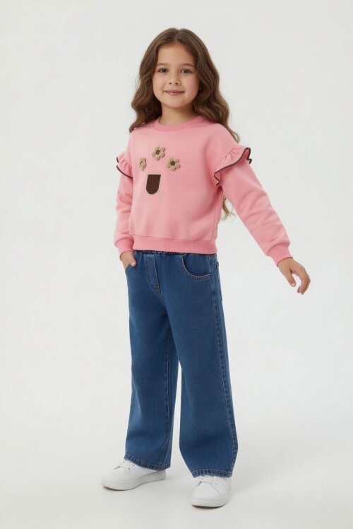 Pembe Çiçek Nakışlı Fırfırlı Badili Jean Pantolonlu Kız Çocuk Takım 24555