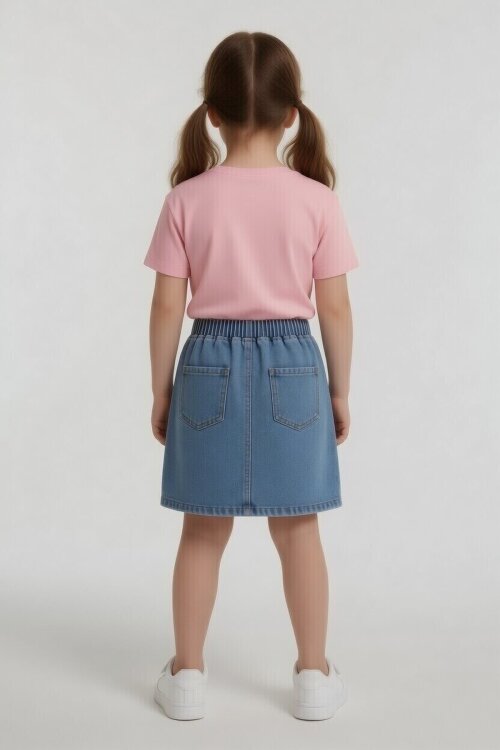 Pembe Çiçek Nakışlı Taşlı Jean Etekli Badili Kız Çocuk 2li Takım 24049