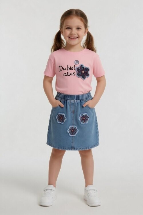 Pembe Çiçek Nakışlı Taşlı Jean Etekli Badili Kız Çocuk 2li Takım 24049