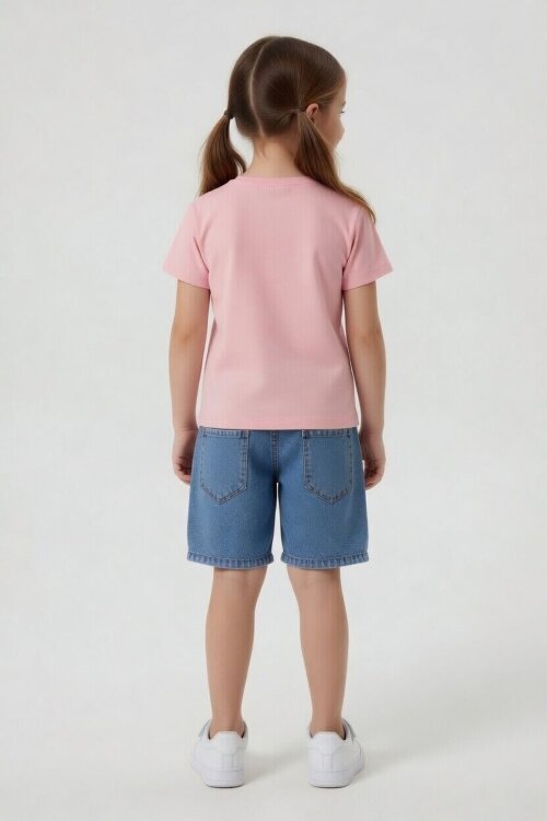 Pembe Çiçek Nakışlı Tişörtlü Jean Şortlu Kız Çocuk 2li Takım 24055
