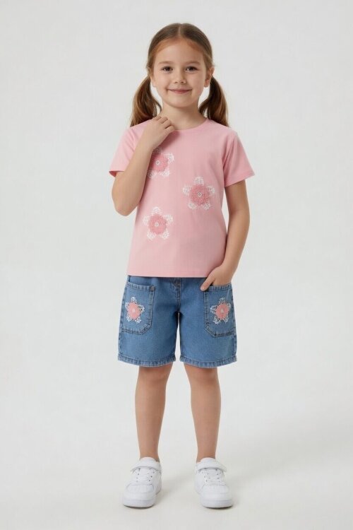 Pembe Çiçek Nakışlı Tişörtlü Jean Şortlu Kız Çocuk 2li Takım 24055