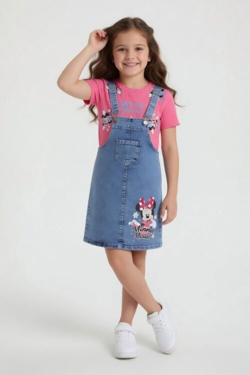 Pembe Çiçekli Minnie Desenli Badili Jean Salopetli Kız Çocuk Takım 24089
