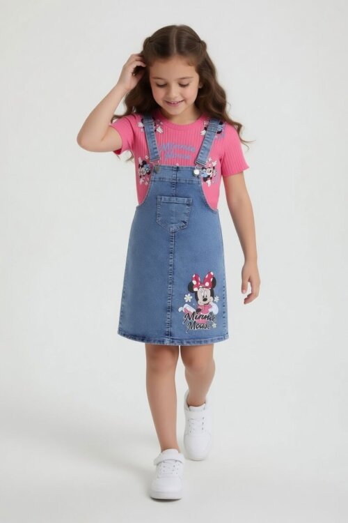 Pembe Çiçekli Minnie Desenli Badili Jean Salopetli Kız Çocuk Takım 24089