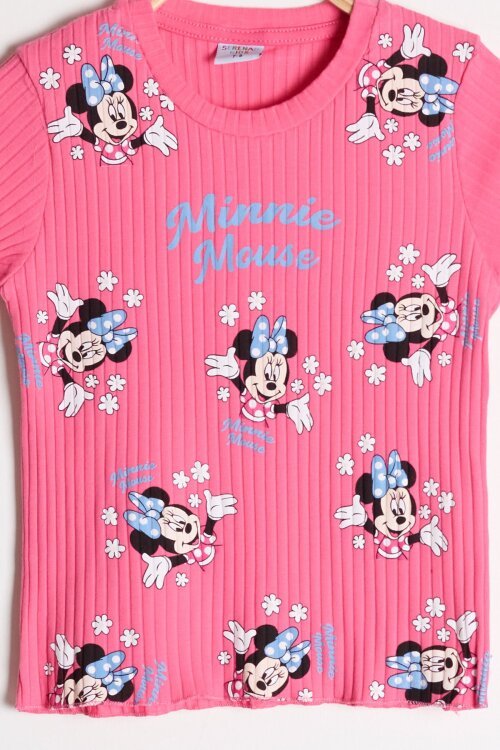 Pembe Çiçekli Minnie Desenli Badili Jean Salopetli Kız Çocuk Takım 24089