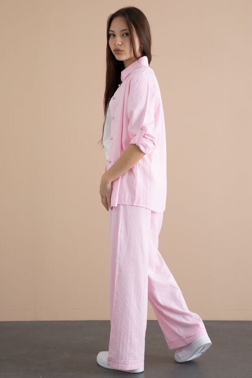 Pembe Çizgi Desen Gömlekli Geniş Paça Pantolonlu Badili Kız Çocuk 3lü Takım 24078