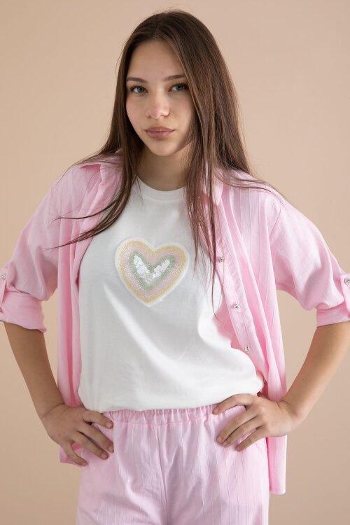 Pembe Çizgi Desen Gömlekli Geniş Paça Pantolonlu Badili Kız Çocuk 3lü Takım 24078