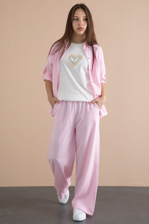 Pembe Çizgi Desen Gömlekli Geniş Paça Pantolonlu Badili Kız Çocuk 3lü Takım 24078