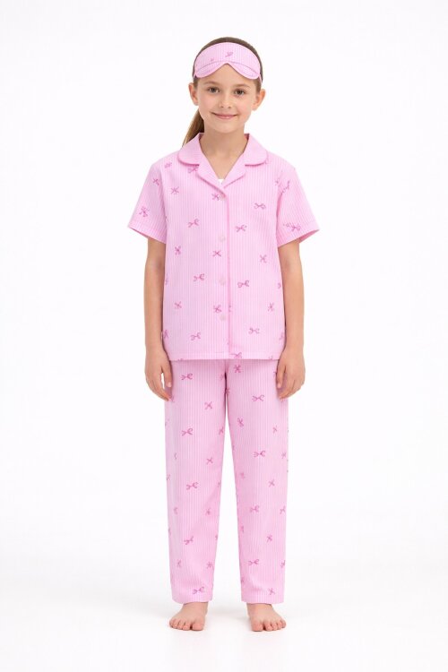 Pembe Çizgi Desenli Fiyonklu Kısa Kol Kız Çocuk Göz Bantlı Pijama Takımı 23819