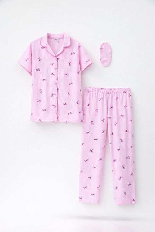 Pembe Çizgi Desenli Fiyonklu Kısa Kol Kız Çocuk Göz Bantlı Pijama Takımı 23819