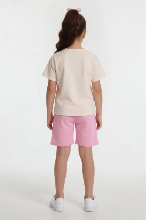 Pembe Çizgi Desenli Karakter Baskılı Kız Çocuk Tişörtlü Şortlu Takım 23867