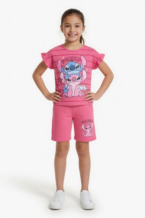 Pembe Çizgili Karakter Baskılı Fırfırlı Kız Çocuk Şortlu 2li Takım  23954