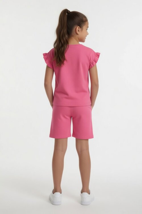 Pembe Çizgili Karakter Baskılı Fırfırlı Kız Çocuk Şortlu 2li Takım  23954