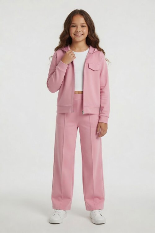 Pembe Fermuarlı Hırkalı Eşofmanlı Kız Çocuk 2li Takım 24507