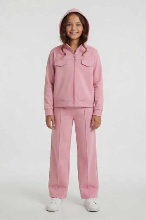 Pembe Fermuarlı Hırkalı Eşofmanlı Kız Çocuk 2li Takım 24507
