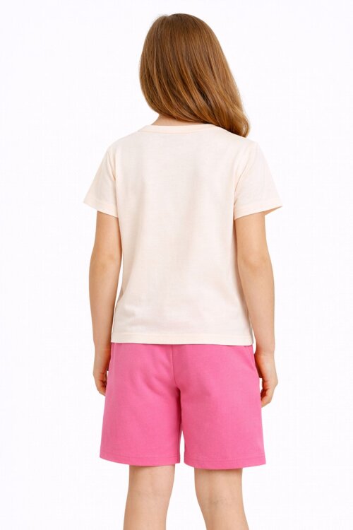 Pembe Fiyonk Desenli Bisiklet Yaka Tişörtlü Kız Çocuk Şortlu Takım 23882