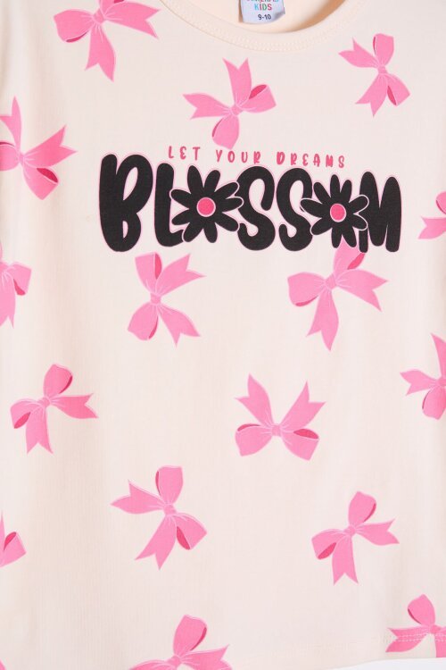 Pembe Fiyonk Desenli Bisiklet Yaka Tişörtlü Kız Çocuk Şortlu Takım 23882